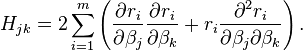 H_{jk}=2\sum_{i=1}^m \left(\frac{\partial r_i}{\partial \beta_j}\frac{\partial r_i}{\partial \beta_k}+r_i\frac{\partial^2 r_i}{\partial \beta_j \partial \beta_k} \right).